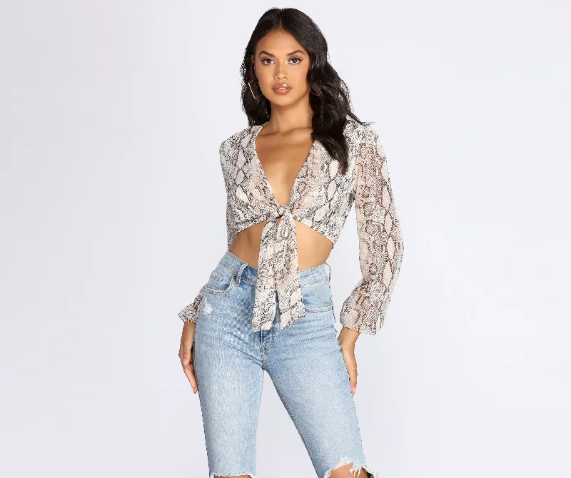 Snake Print Long Sleeve Crop Top Front Pockets Side Pockets Patch Pockets
