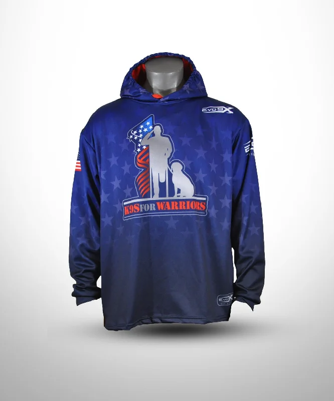 Evo9x K9's FOR WARRIORS Full Dye Sublimated Hoodie Blue Hoodie with Ribbed Hem Stretchable Secure