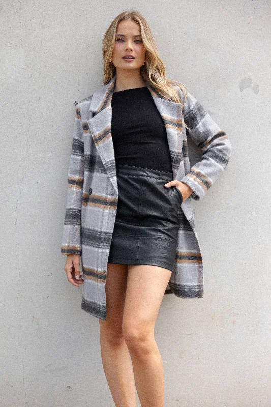 Zella Long Coat - Grey Multi Tailored Straight A-Line
