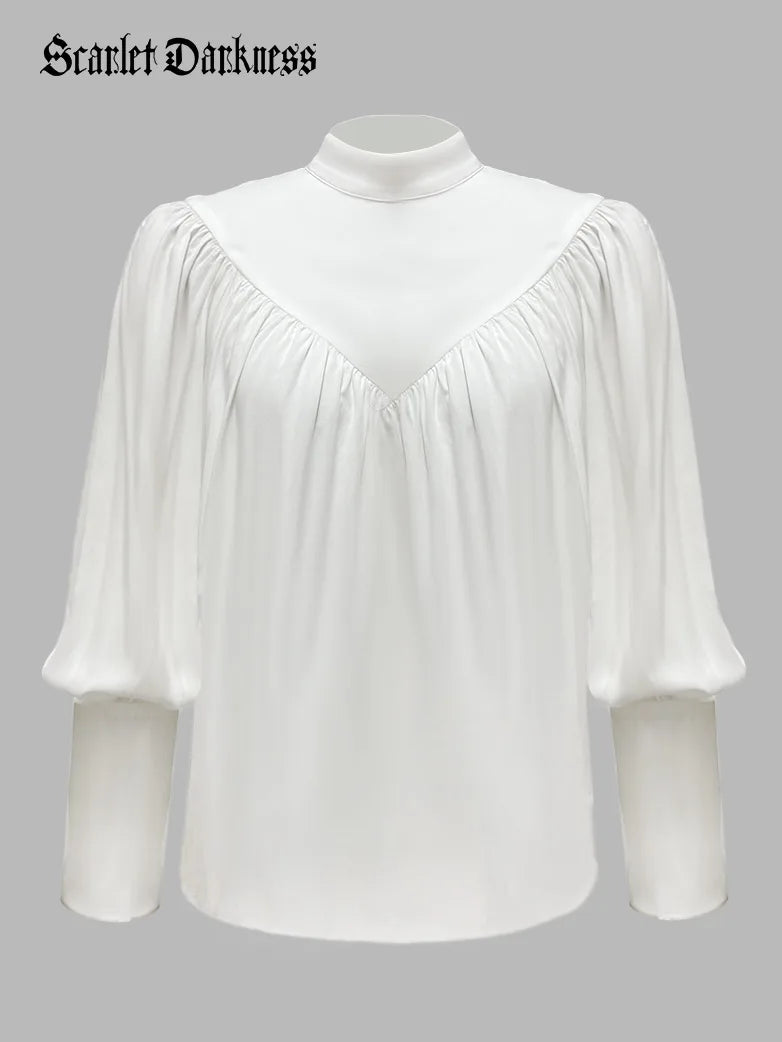 Women Cotton Tops Long Sleeve Stand Collar Pullover Tops Deep Neck Pullover