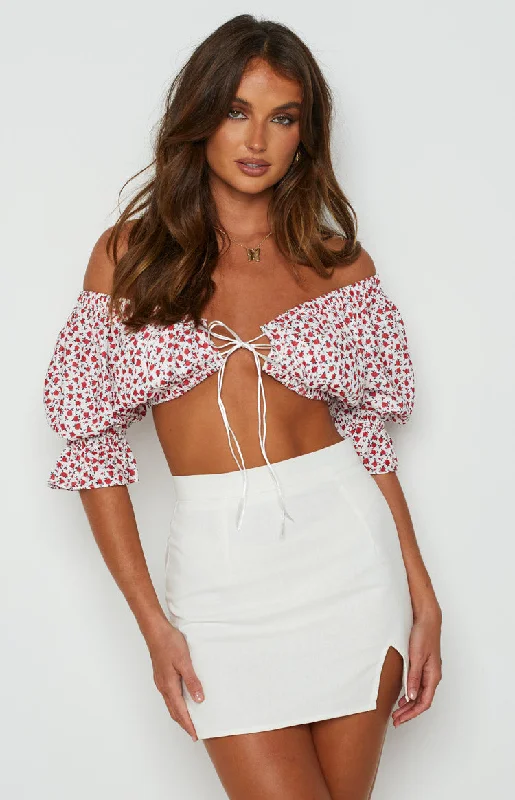 Alannah Crop Top White Floral Mesh Blend Leather Blend Suede Blend