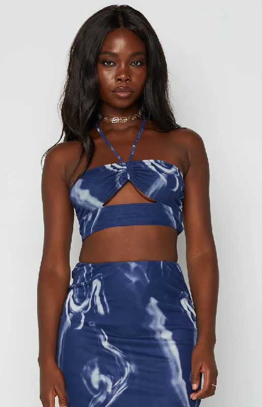 Brianna Navy Mesh Crop Top Satin Blend Silk Blend Wool Blend