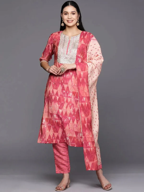Coral Yoke Design Silk Blend Straight Kurta With Trousers & Dupatta Trousers fashionable chic Coral Yoke Design Silk Blend Straight Kurta With Trousers & Dupatta Trousers fashionable chic