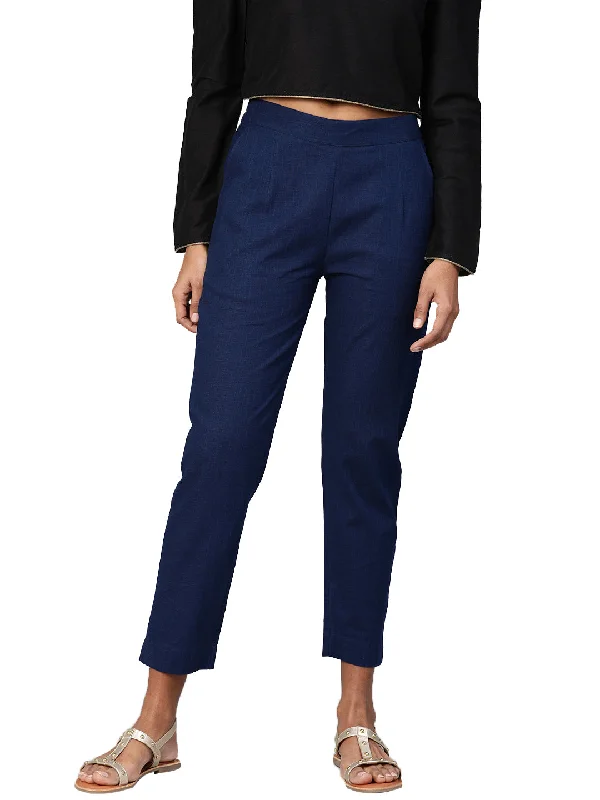 Women Navy Blue Straight Fit Solid Regular Trousers Trousers Plaid Checkered