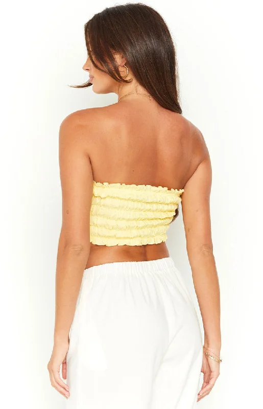 Kyra Yellow Linen Blend Crop Top Striped Floral Plaid