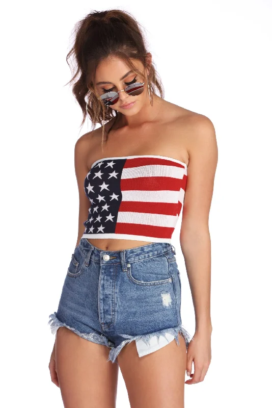 Stars And Stripes Crop Top Seamless Knitted Crochet