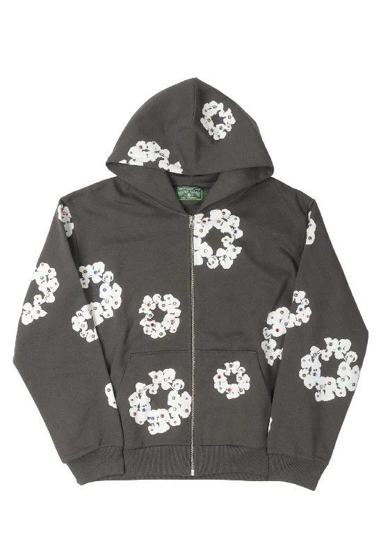 Rhinestone Cotton Wreath Zip Hoodie Hoodie with Relaxed Fit Easy Casual