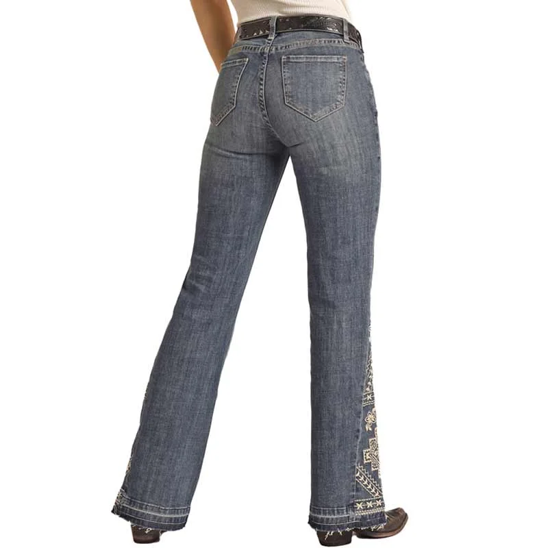 Rock & Roll Denim Women's Aztec Mid Rise Stretch Flare Leg Trouser Jeans Trousers stylish modern