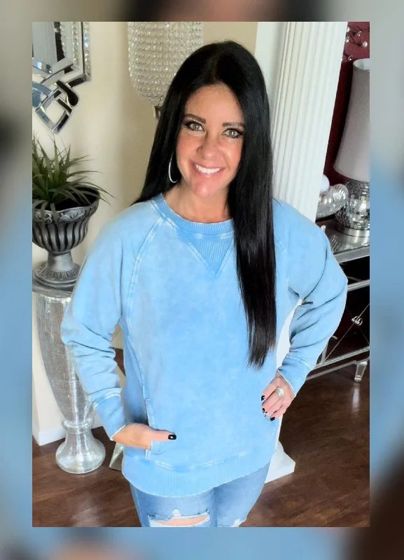 Acid Washed Deep Sky Crewneck Pullover with Pockets Cashmere Luxurious Pullover