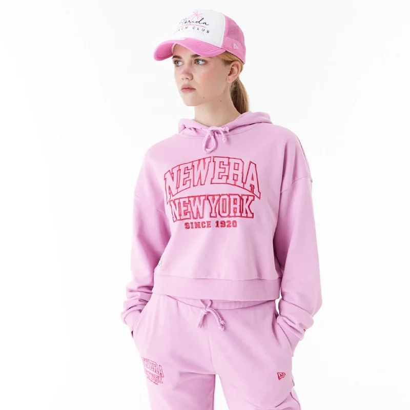 New Era Womens Arch Wordmark Pink Crop Pullover Hoodie Boat Neck Sweater