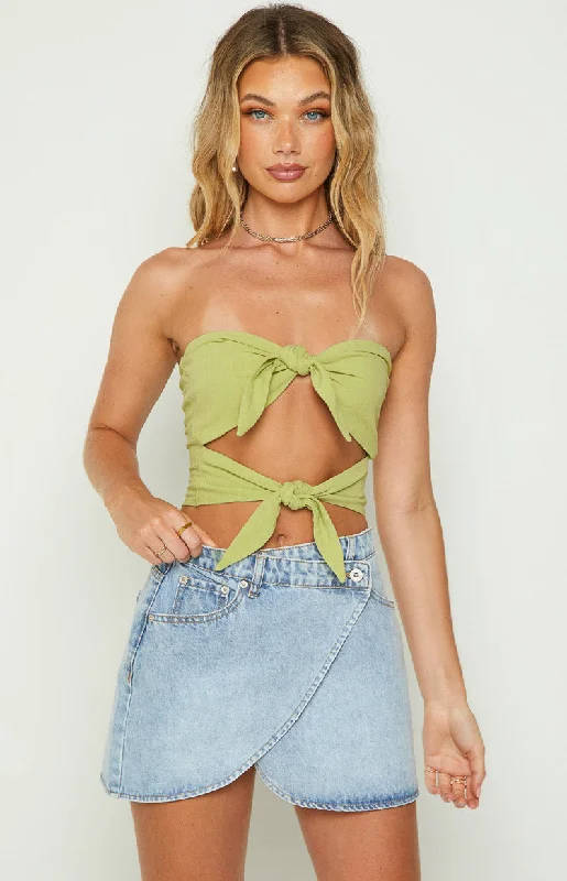 Lavinia Green Double Tie Crop Top Chenille Blend Fleece Blend Nylon Blend