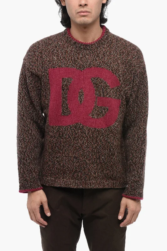 Dolce & Gabbana Crew Neck Wool Blend Pullover with Jacquard Logo Fleece Warm Pullover