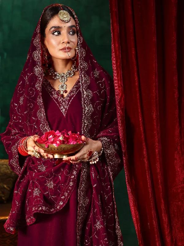 Red Yoke Design Velvet A-Line Kurta With Trousers & Dupatta Trousers Occasion Special