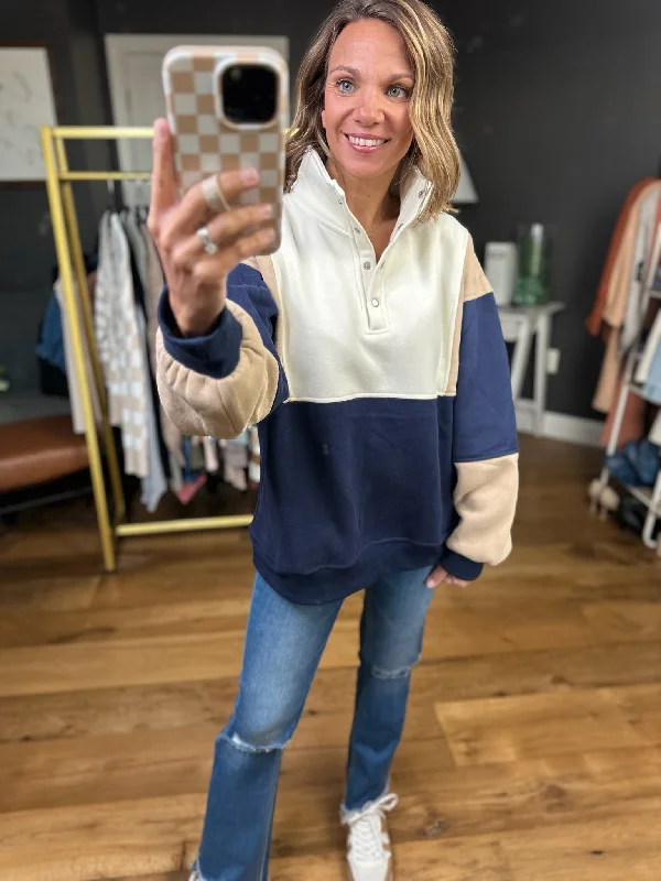 On The Move Oversized Henley Pullover - Coffee/Navy Polo Neck Sweater