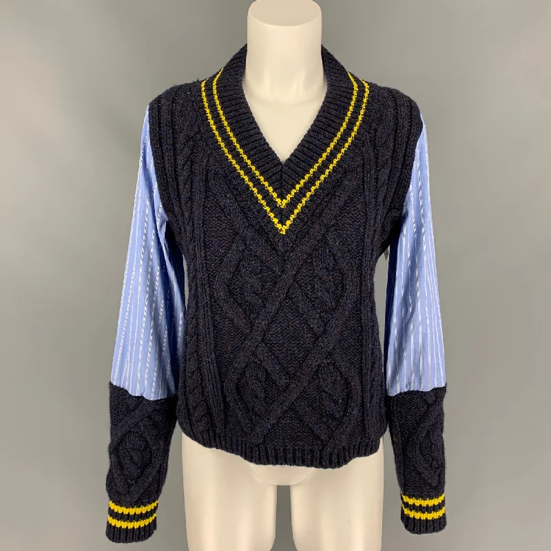 MAISON MARGIELA Size 4 Blue & Navy Cotton / Wool Knitted Pullover Halter Neck Top