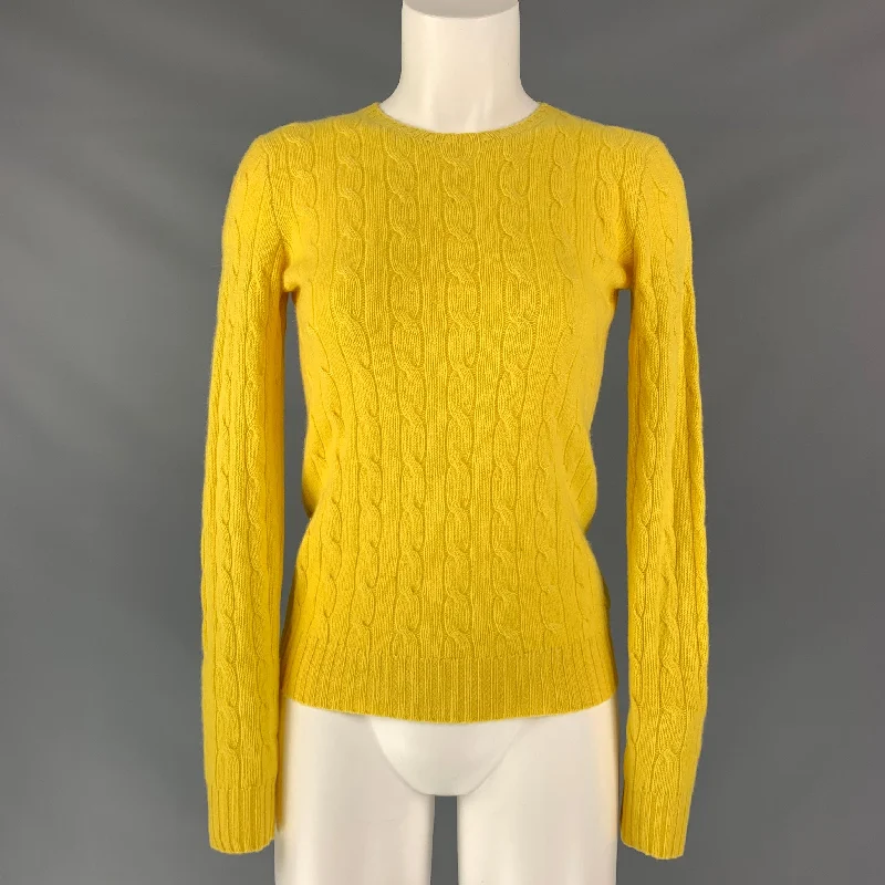 RALPH LAUREN BLACK LABEL Cashmere Cable Knit Size S Yellow Pullover Long Bell Sleeve RALPH LAUREN BLACK LABEL Cashmere Cable Knit Size S Yellow Pullover Long Bell Sleeve