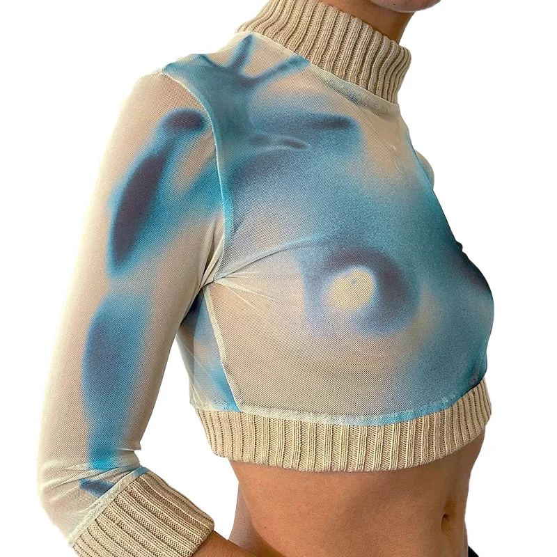 Printed Pullover Top Long Sleeve High Neck Navel Crop Women's Slim Casual Top Oblong Neck Pullover