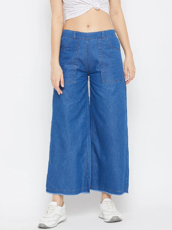 Women Navy Blue Parrallel Denim Trouser Trousers Chinos Classic