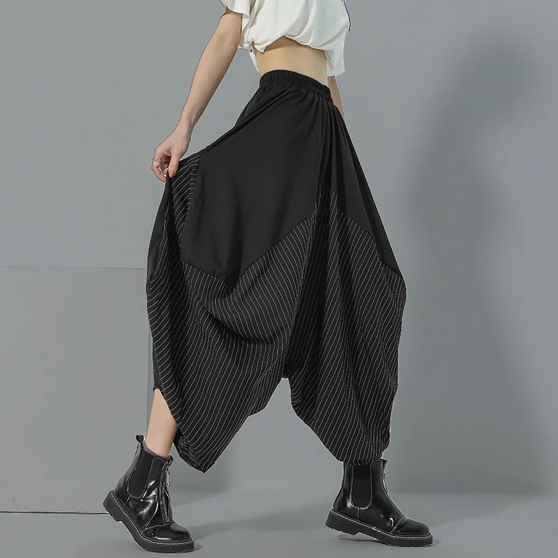 Striped Paneled Wide-leg Irregular Trousers Trousers Denim Distressed