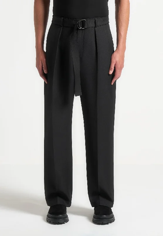Relaxed Fit Textured Belted Tailored Trousers - Black Trousers Capri Summer