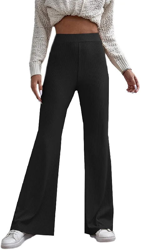 SOLY HUX Women's Elastic Waist Tie Front Flare Leg Pants Ribbed Knit Trousers Trousers Pleated Formal