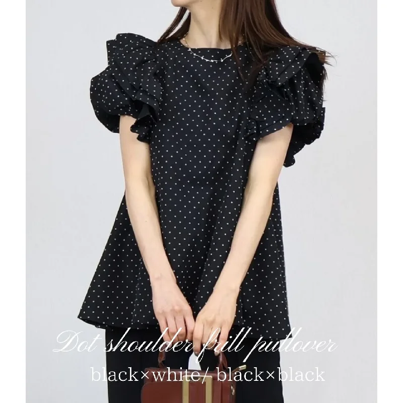 Dot Shoulder Ruffle Pullover Slit Sleeve Stylish