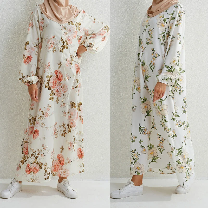 Women's Floral Round Neck Pullover Loose Fashion Robe Skirt Wrist Length Sleeve