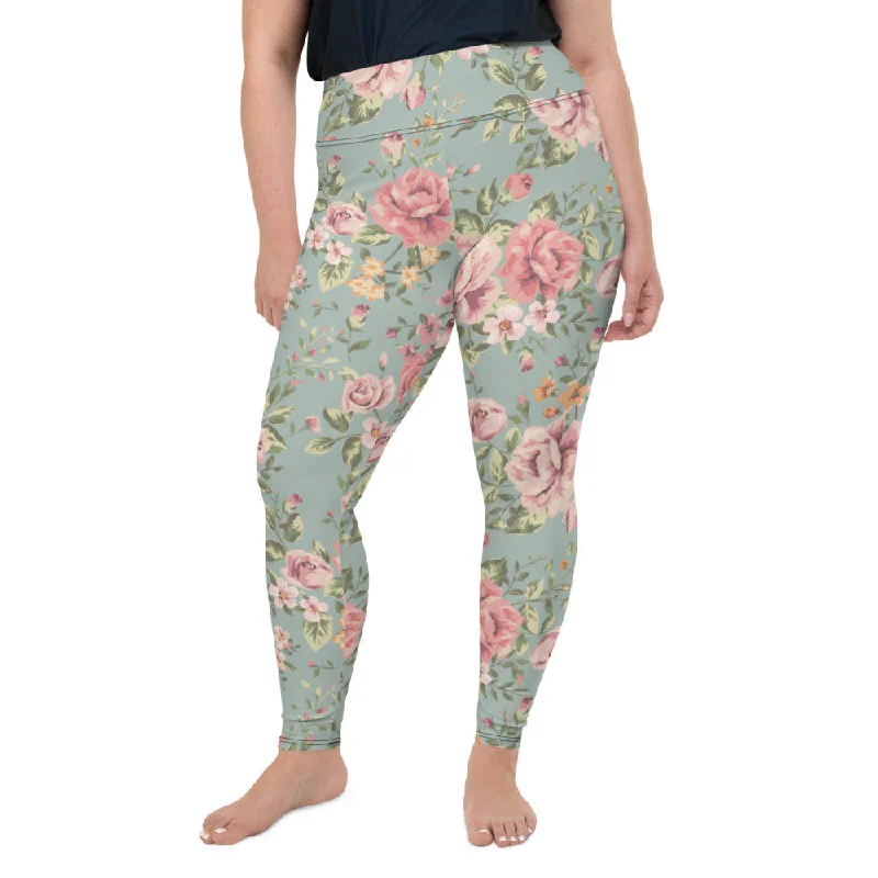 Blue Floral Plus Size Leggings Fashionable Fitted Workout Leggings