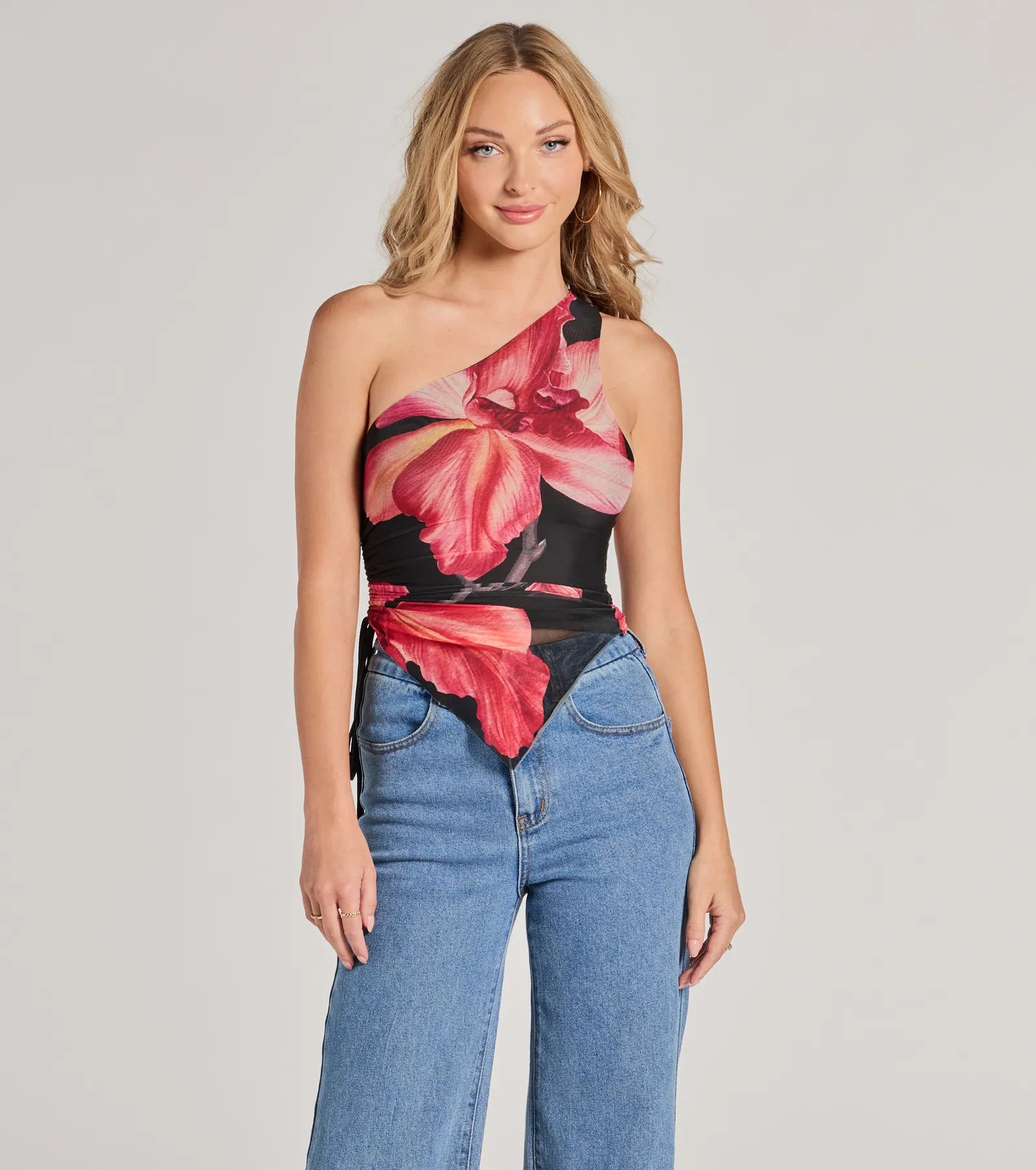 Pretty Bold One-Shoulder Floral Mesh Crop Top Denim Fabric Leather Fabric Suede Fabric