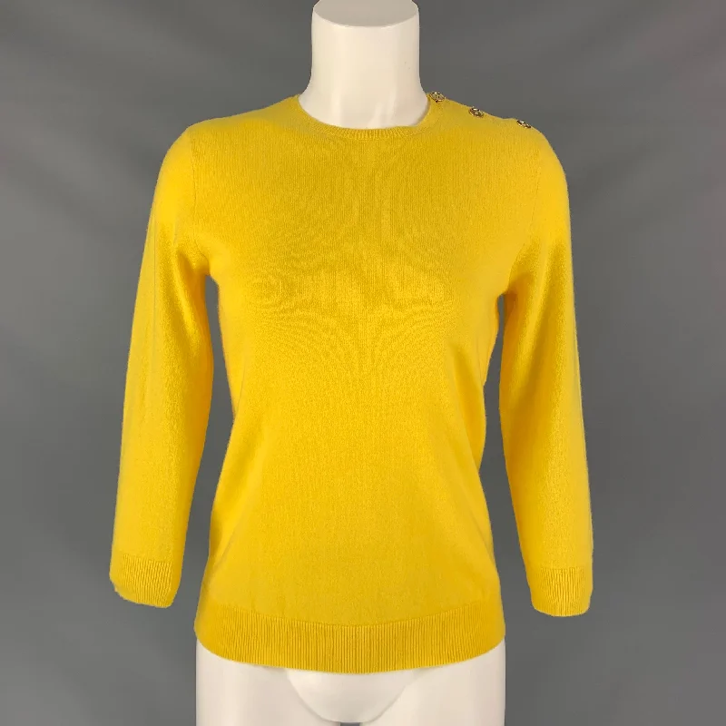 RALPH LAUREN Cashmere Knitted Size M Yellow Pullover Puff Sleeve Stylish