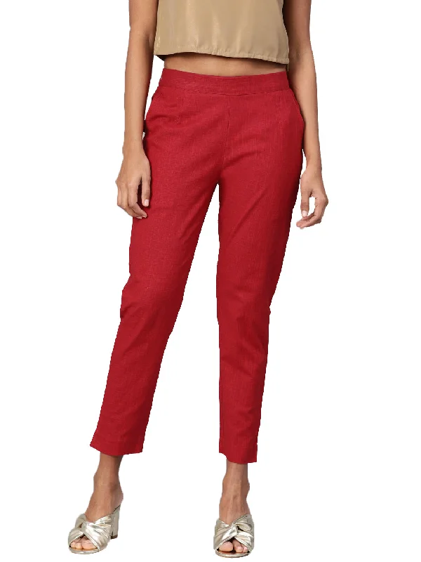 Women Maroon Straight Fit Solid Regular Trousers Trousers Floral Bohemian