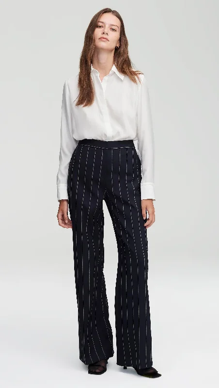 Wide Leg Trouser in Stretch Wool | Navy Stripe Trousers sophisticated sleek
