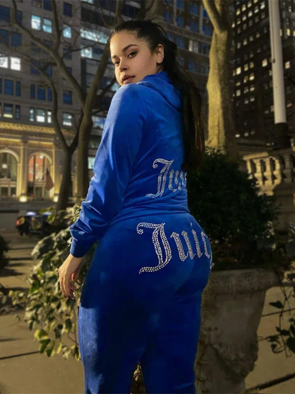 Women's casual solid color letter hot diamond sportswear long-sleeved hooded sweatshirt loose trousers two-piece suit Trousers Formal Black