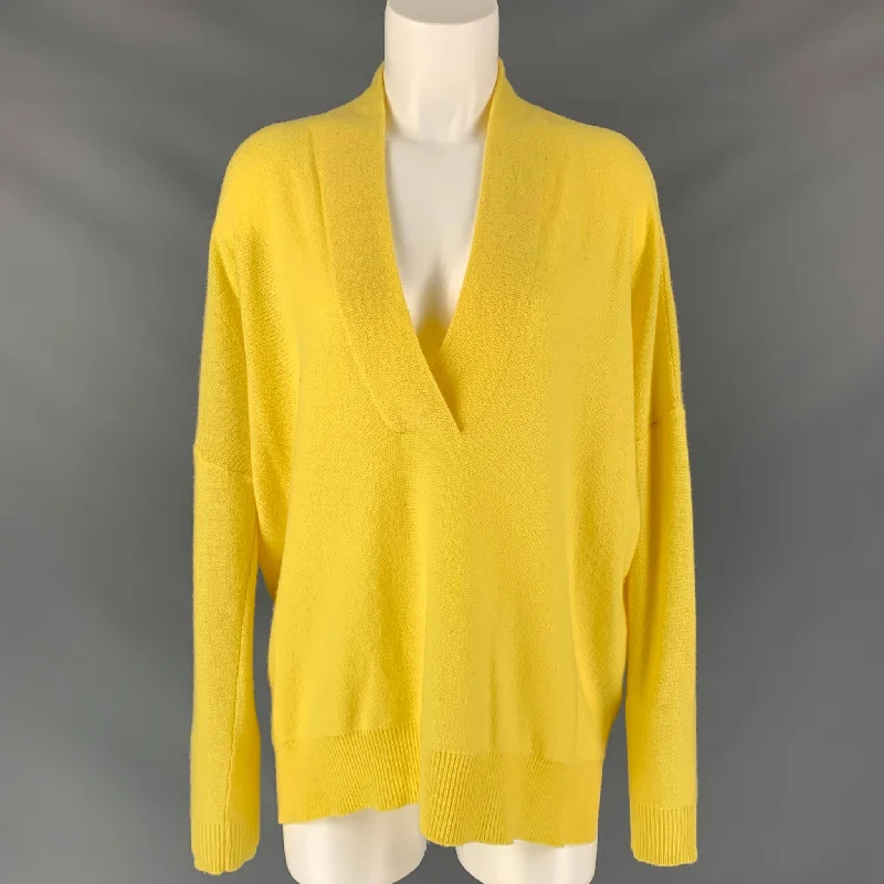 RALPH LAUREN Size M Yellow Cashmere Knitted Pullover Ruffle Sleeve Feminine