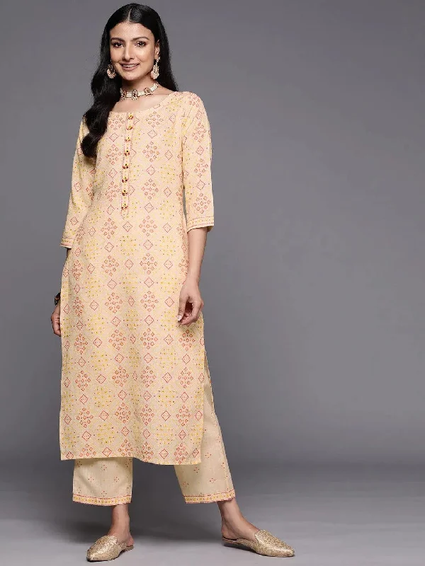 Beige Printed Cotton Straight Kurta With Trousers Trousers Flared Retro