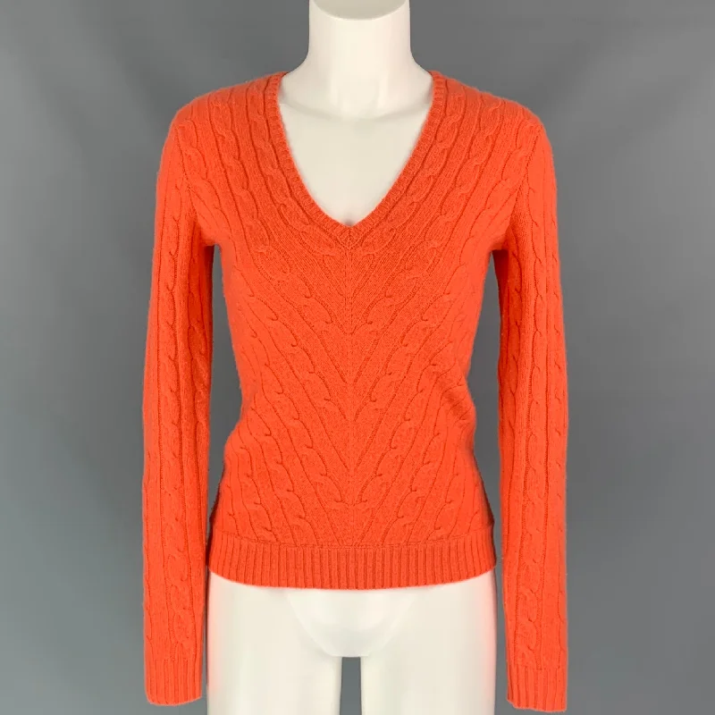 RALPH LAUREN Black Label Size S Orange Cable Knit Cashmere Pullover Sabrina Neck Pullover