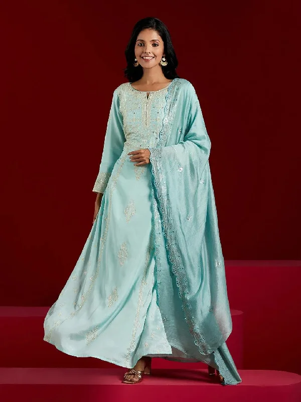 Libas Art Sea Green Embroidered Silk Blend A-Line Kurta With Trousers & Dupatta Trousers Palazzo Wide Leg
