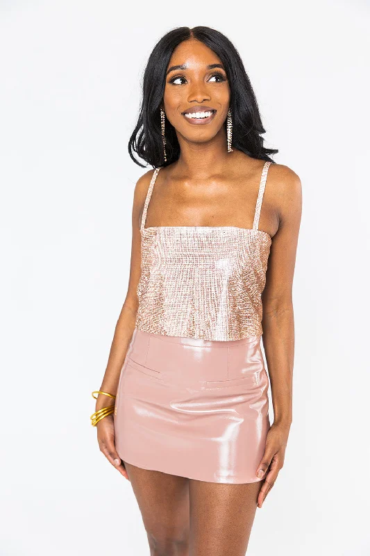 Girly Girl Rhinestone Crop Top - Rose Gold Collared Crop Top Boat Neck A-Line