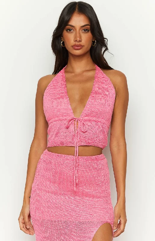 Otto Pink Knit Crop Top Solid Print Embellished