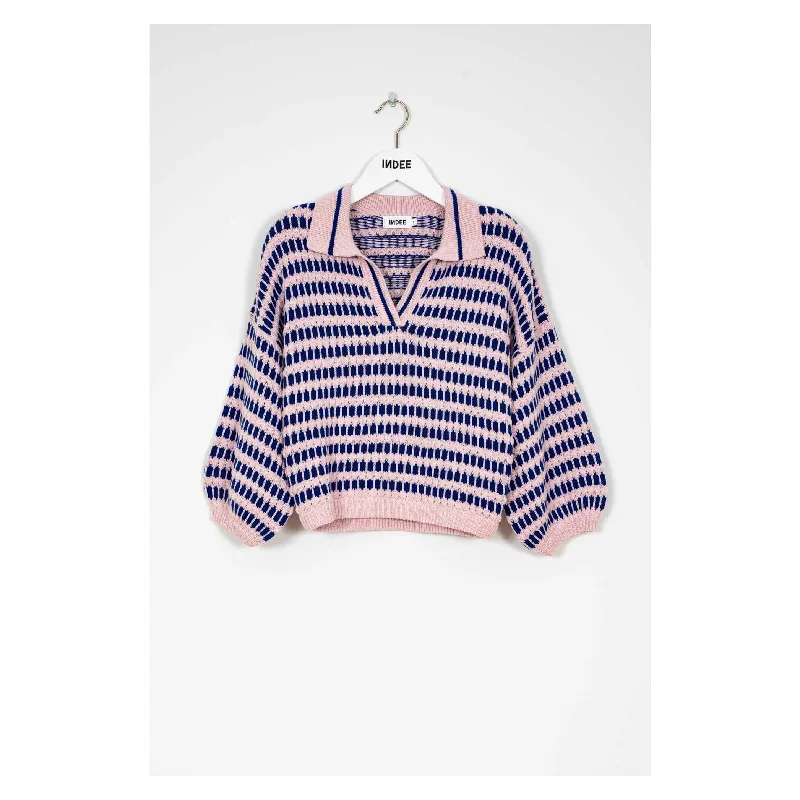 Indee Pink Bicolor Polo Pullover Deep Neck Pullover