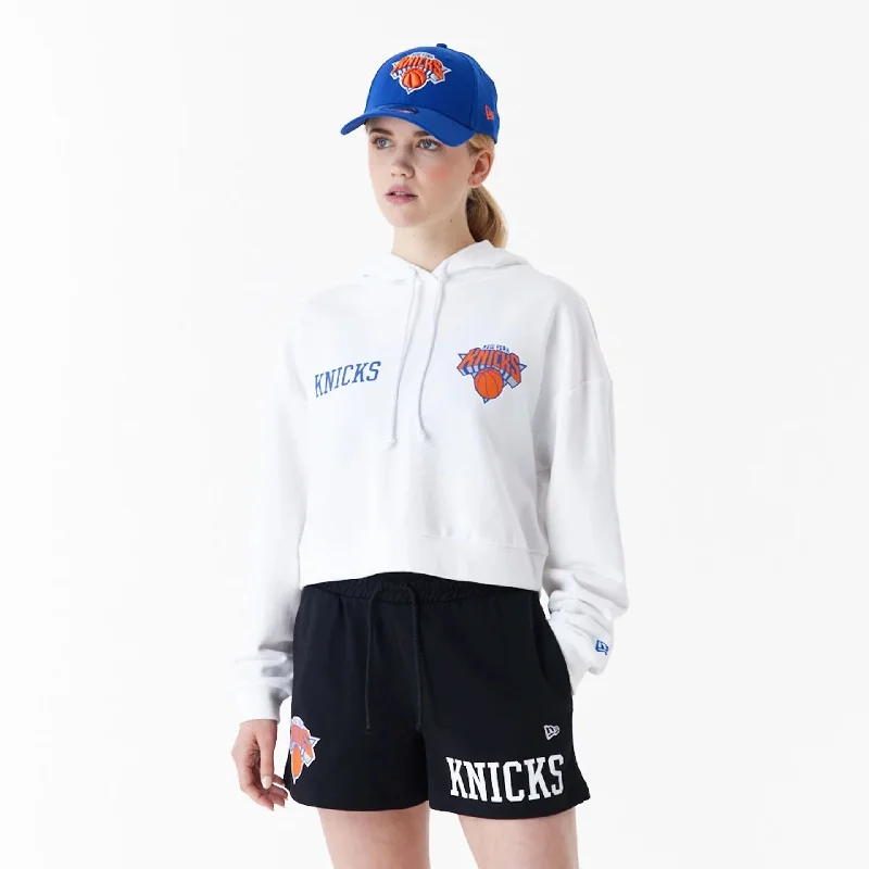 New York Knicks Womens NBA Team Logo White Crop Pullover Hoodie Honey Neck Pullover
