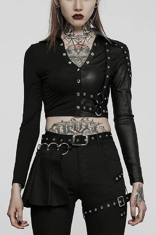 Black Gothic Super Cool Slim Fit Strap Sexy Cropped Pullover Long Sleeve Women's Polo Tee Notched Neck Pullover Black Gothic Super Cool Slim Fit Strap Sexy Cropped Pullover Long Sleeve Women's Polo Tee Notched Neck Pullover