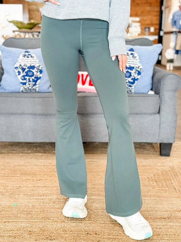Twist & Flare Crossover Leggings in Moss Green Trendy Adjustable Waist Leggings