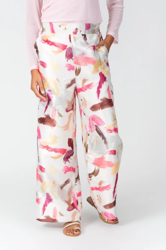 Artistic Brush Wide-Leg Trousers in Pink Trousers Versatile Stylish