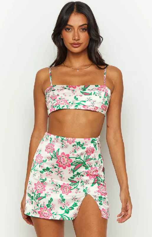 Miranda White Floral Tie Back Satin Crop Top Satin Blend Silk Blend Wool Blend