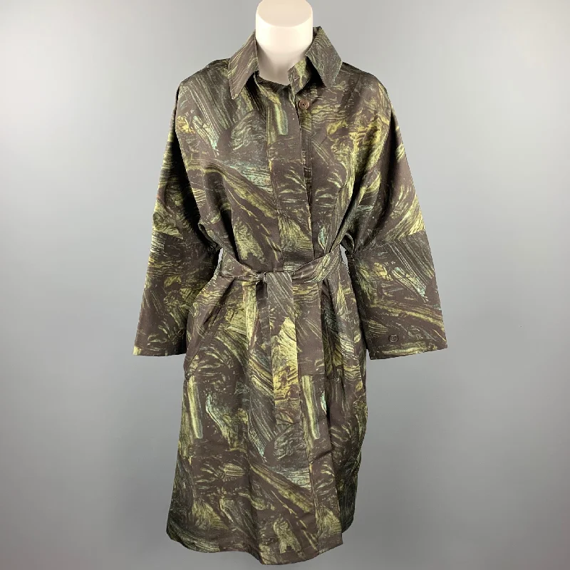 JIL SANDER Size S Olive Print Silk Belted Oversized Coat Print Jacquard Embroidered