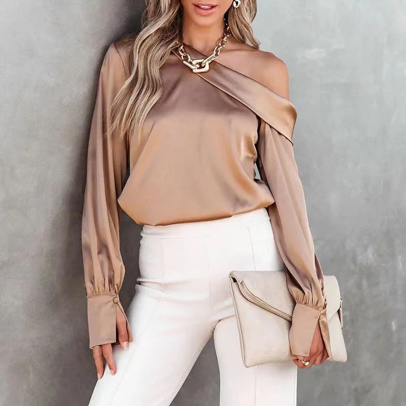 Sexy Off Shoulder Satin Blouse Pullover Seamless Knit Pullover