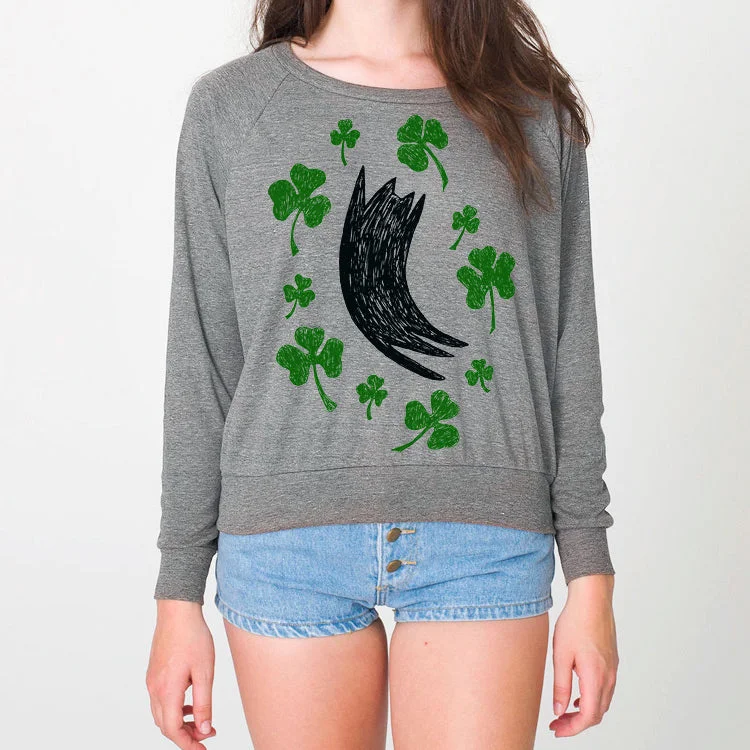 Womens Lucky Black Cat Shamrock Pullover Sweathsirt Kimono Neck Pullover