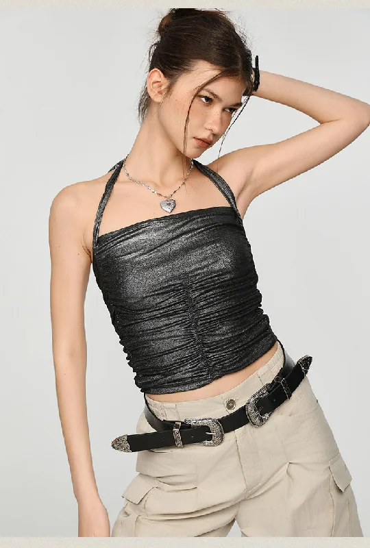 Metallic Ruched Halter Crop Top Rayon Fabric Velvet Fabric Corduroy Fabric