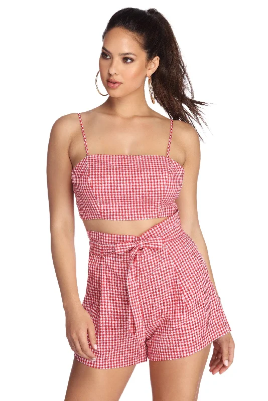 Picnic Time Gingham Crop Top Graphic Embroidered Appliqued